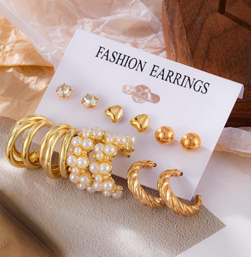 6-in-1 Gold & Pearl Earring Set