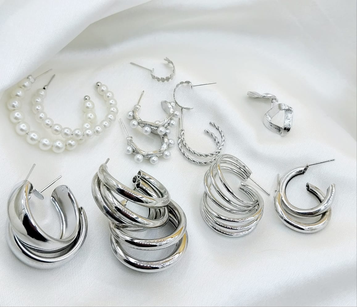 9-Piece Silver & Pearl Hoop Earring Set